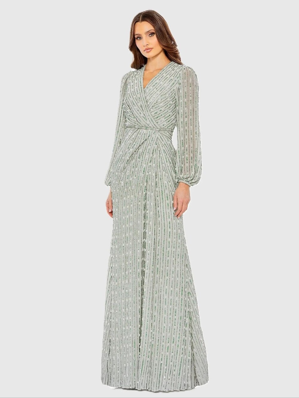 NWT Mac Duggal 10871 Green Beaded Bishop Sleeve Wrap Gown 2